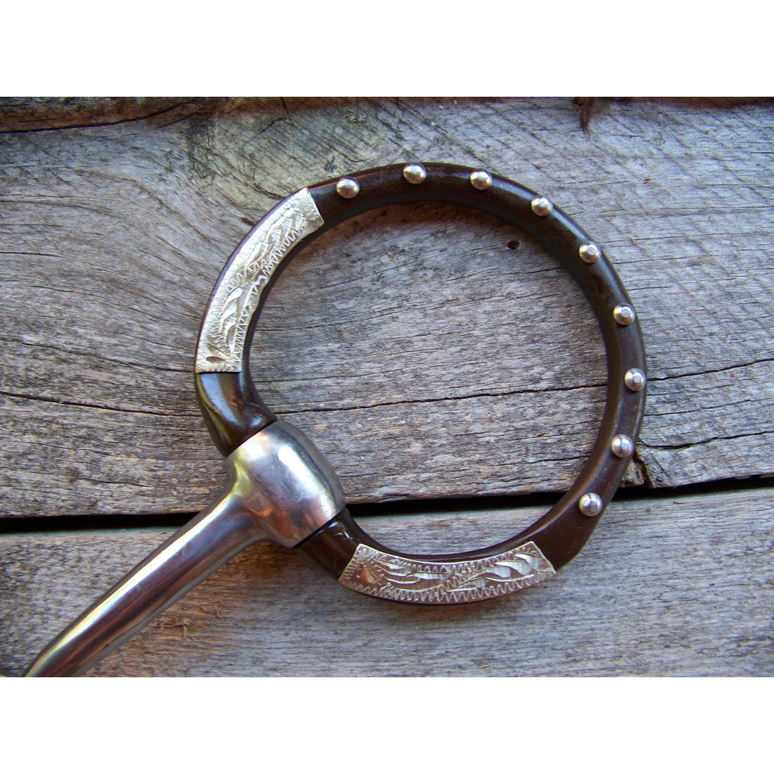 Bit - Antique Offset Smooth Snaffle w/German Silver Trim and Dots