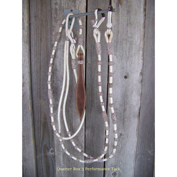 Romel Reins - White Nylon Cord w/Rawhide Knots and Leather Popper