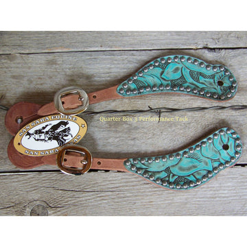 Spur Straps - Harness Leather, Exotic Print, SS Dots (Adult - Antique Turquoise Western Tool)