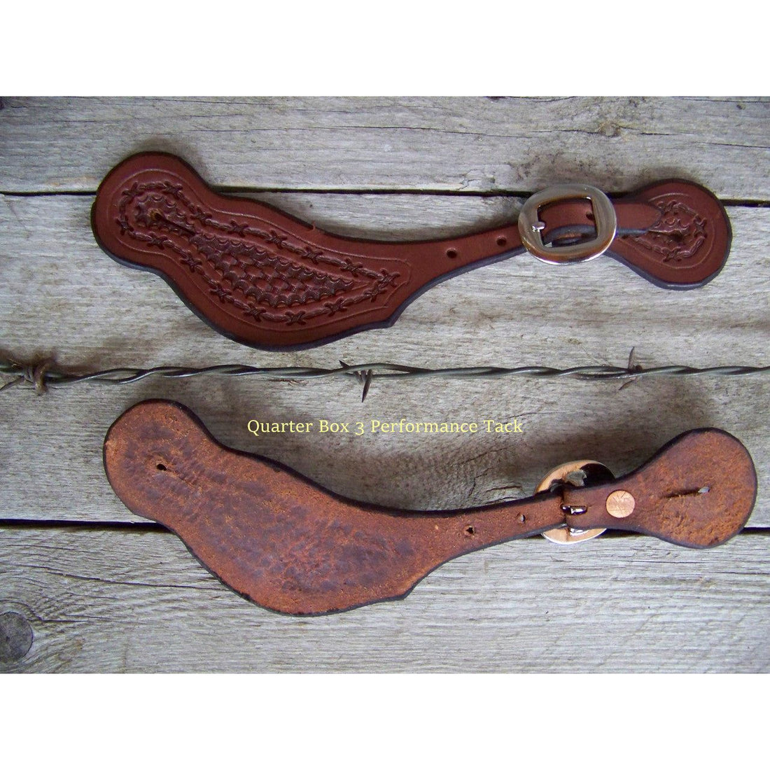 Spur Straps - Wide Basket Stamped w/Barb Wire Trim Tooling (Mens - Oiled)