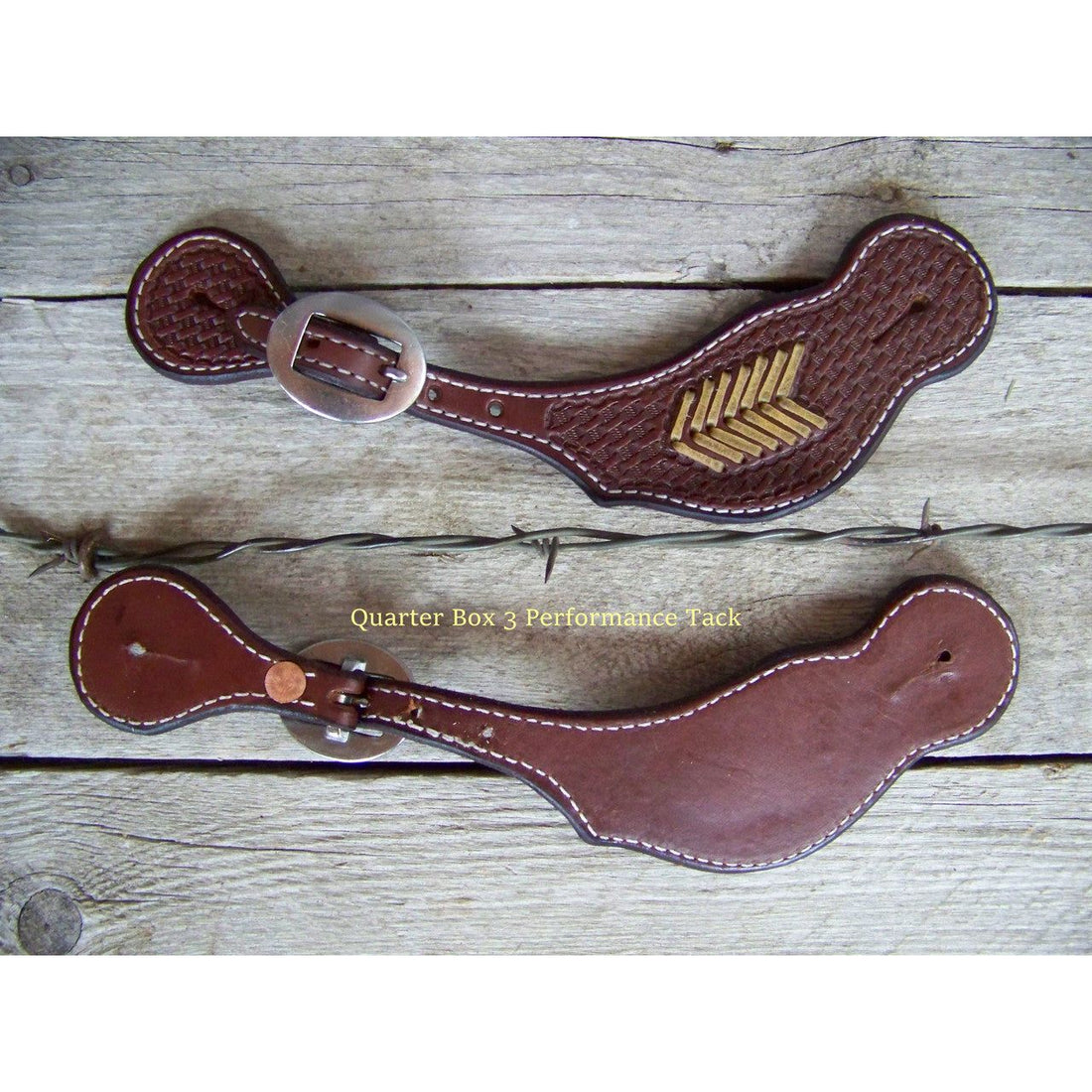 Spur Straps - Wide Basket Stamped w/Rawhide Arrow Braiding (Mens - Oiled)
