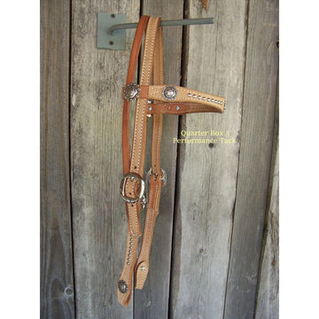 Headstall - Browband Rough Out Antiqued Silver Conchos, SS Dots