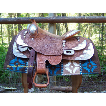 Hunters Bend Show Blanket - 36x34 (Chestnut/Turquoise/Cream/Tan) by Mayatex