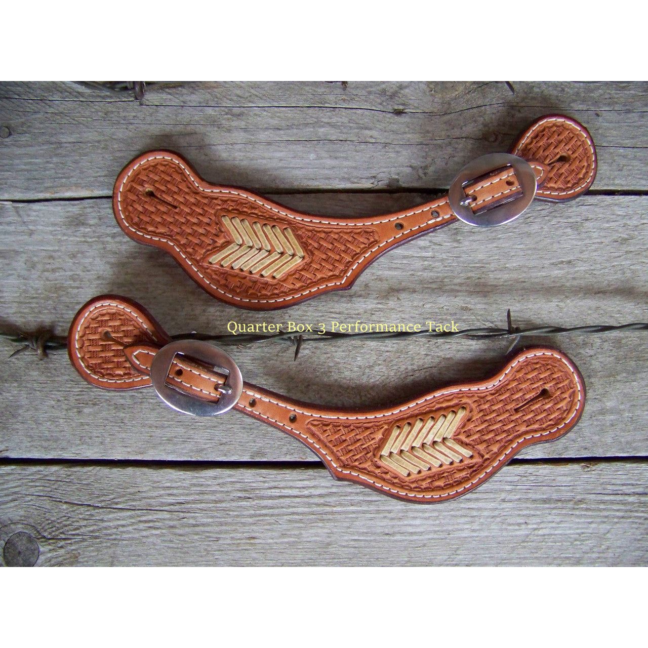 Spur Straps - Wide Basket Stamped w/Rawhide Arrow Braiding (Mens - Natural)